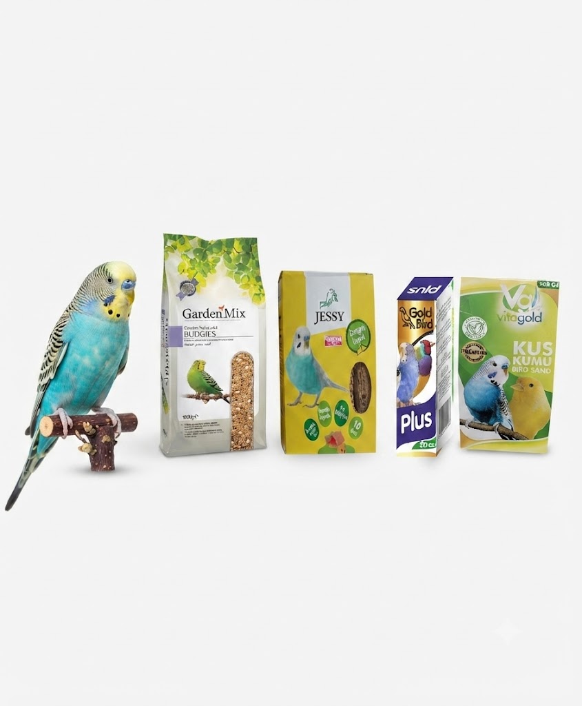 Premium Muhabbet Kuşu Bakım ve Beslenme Seti (Yem, Kraker, Vitamin ve Kuş Kumu)